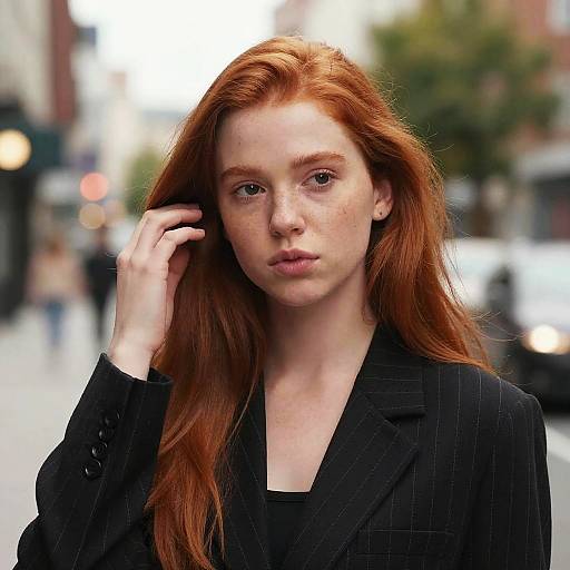 Photograph of a fair-skinned red-haired woman with freckles, wearing a black pinstriped blazer, standing on a blurred urban