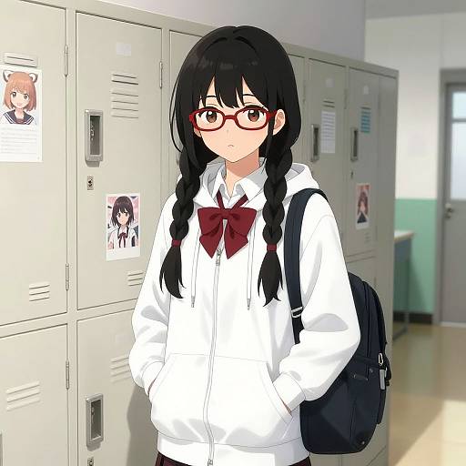 Anime Schoolgirl in Locker Hallway