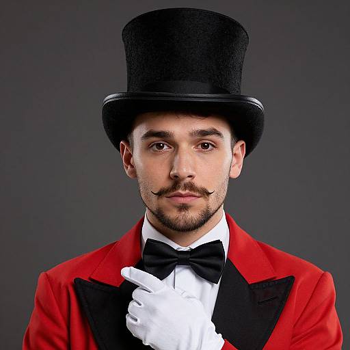Photograph of a young man with medium skin, dark eyes, and a mustache, wearing a black top hat, red coat, black bow tie