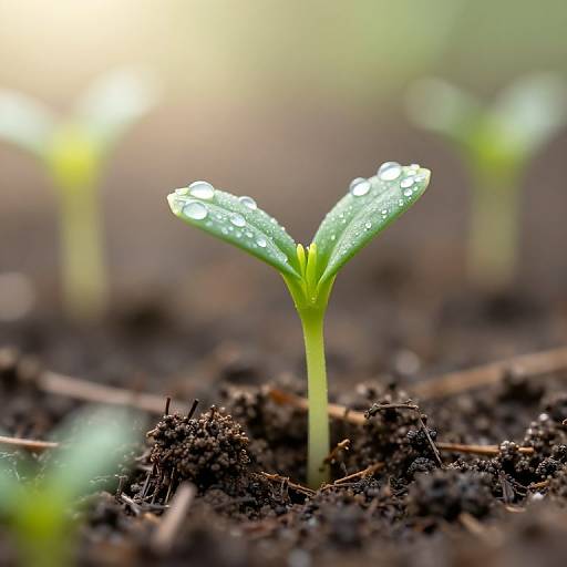 Close-up photograph of a small green seedling with two leaves, dewdrops on its tips, emerging from dark, moist soil. Bright, soft-focus