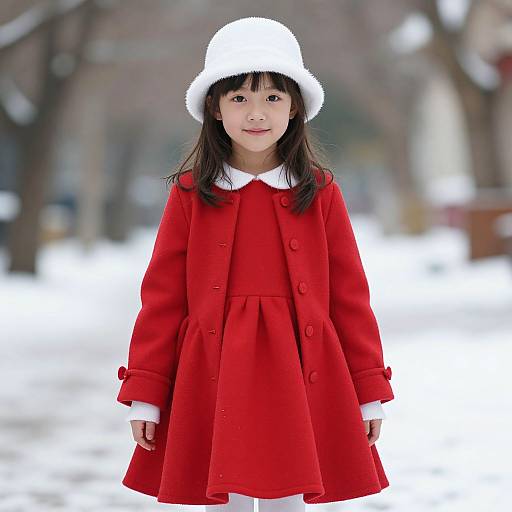 Photograph of an Asian girl with straight black hair, wearing a white fur hat, red coat with white collar, and standing in a snowy, blurred