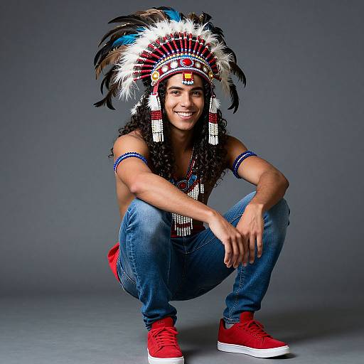 Photograph of a smiling woman with dark skin, wearing a Native American headdress, blue jeans, red sneakers, and a beaded necklace, squat