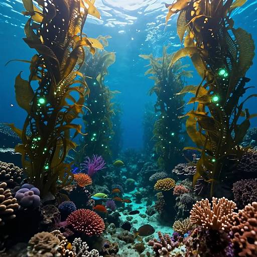 Photograph of vibrant underwater coral reef with yellow seaweed, colorful corals, small fish, and glowing green bioluminescent lights in a blue