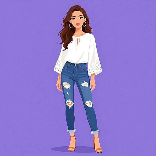 Digital illustration of a confident woman with long brown hair, wearing a white blouse, ripped blue jeans, and orange heels, against a purple background.