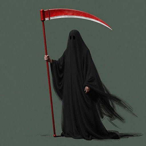 Photograph of a mysterious figure in a flowing black cloak, holding a large red scythe, standing against a solid gray background.