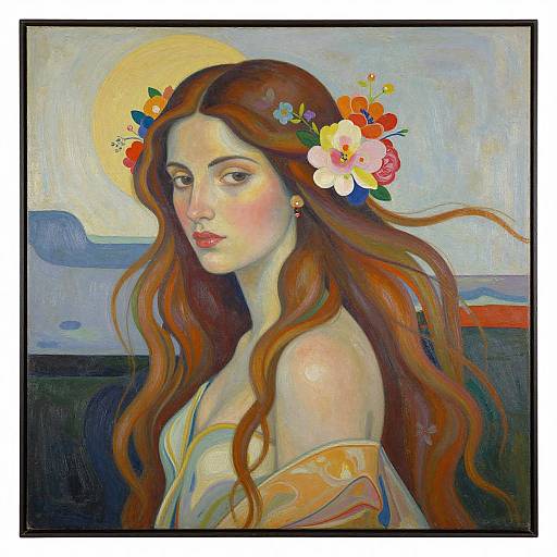 Digital painting of a pale-skinned, long-haired woman with red hair, adorned with colorful flowers, in an off-shoulder dress, against a