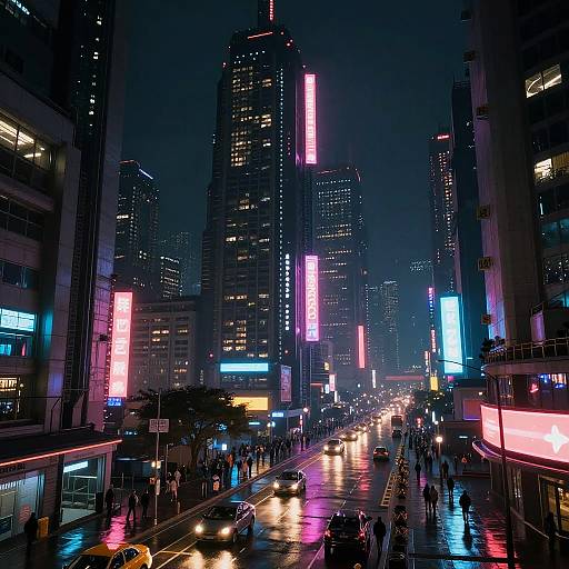 Neon-lit city street at night, tall skyscrapers with colorful vertical lights, crowded sidewalk, wet reflective road, bustling urban atmosphere.