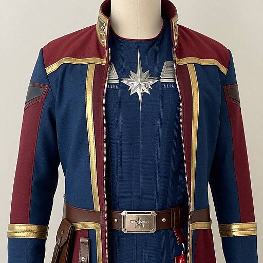 Photograph of a mannequin wearing a dark blue shirt with white star emblem, gold-trimmed maroon and navy jacket, brown belt with