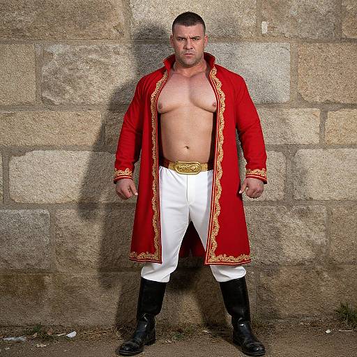 Muscular man with shaved head, red ornate coat, white pants, black boots, standing against a stone wall, serious expression. Photograph.