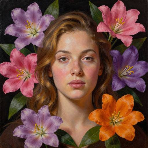 Photorealistic portrait of a young woman with fair skin, brown wavy hair, surrounded by vibrant pink, purple, and orange lilies.