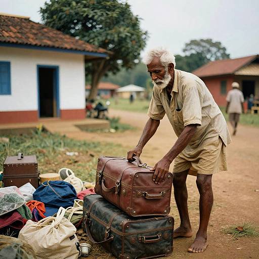 Photograph of an elderly Indian man with gray hair and beard, wearing a beige shirt and shorts, packing brown suitcases on a dirt road beside colorful