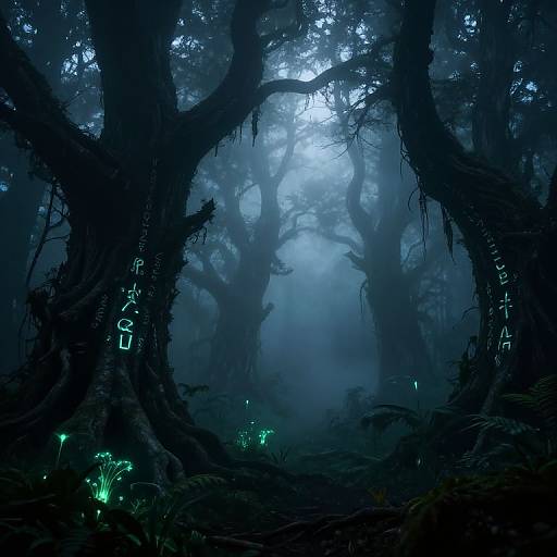 Mysterious, dark blue forest digital art with glowing green mushrooms and eerie, luminescent Japanese characters on twisted, shadowy trees.