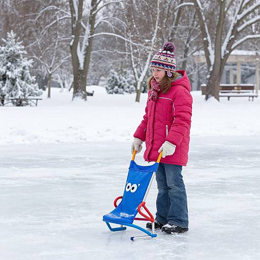 Photograph of a young woman in a red winter coat, patterned beanie, and gloves, pushing a blue snow sled with googly eyes in