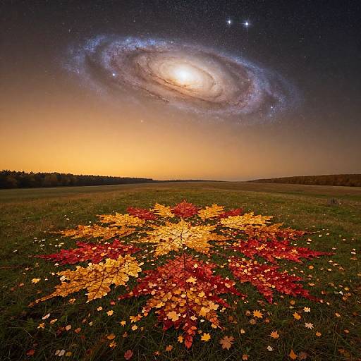 Photograph of a vibrant autumn field with red and yellow leaves, under a starry night sky, featuring a bright, glowing galaxy.