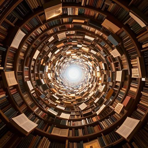 Photograph of a circular, multi-tiered library ceiling with books and papers stacked in concentric rings, viewed from above, showcasing a bright, glowing