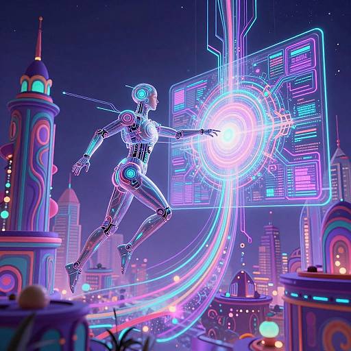 Neon-lit digital cityscape with a glowing, futuristic, robotic woman flying, casting a bright holographic interface above colorful, futuristic buildings. CGI