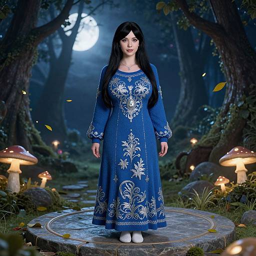 Digital artwork of a pale-skinned woman with long black hair wearing an ornate blue dress with white floral embroidery, standing on a stone path in a