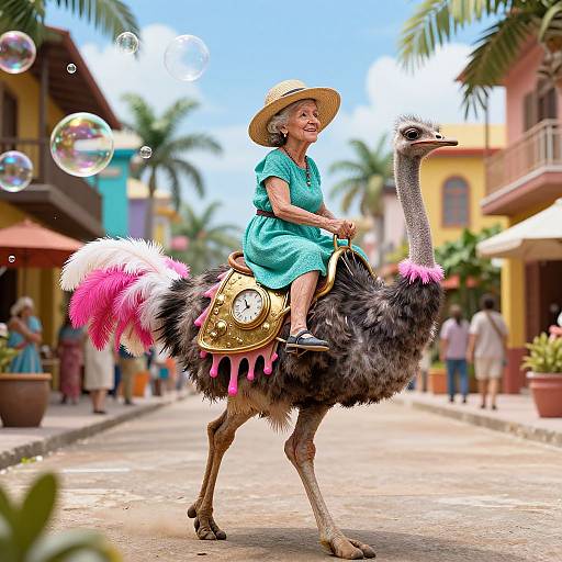 Photograph of an elderly woman in a green dress and straw hat riding a decorated ostrich down a sunny, tropical street with bubbles, palm trees,