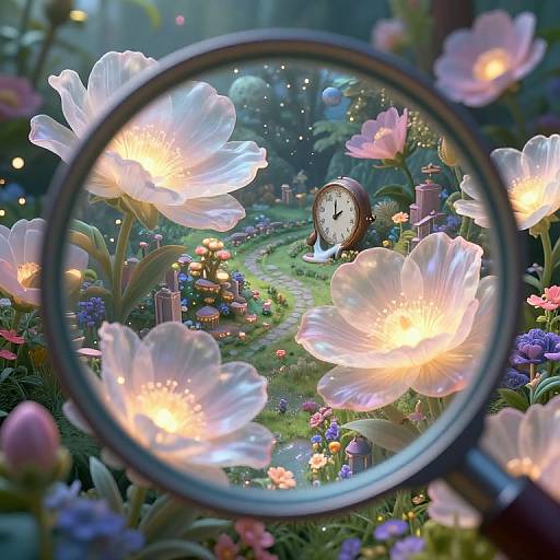 Surreal Glowing Garden with Miniature Cityscapes