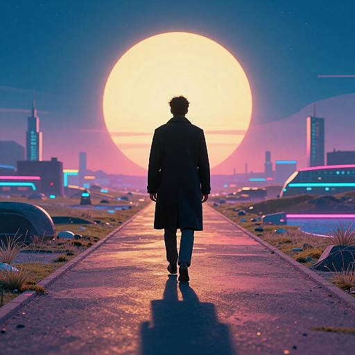 Digital art: Silhouetted man in long coat walks down neon-lit road towards large, glowing sun in futuristic cityscape at sunset.