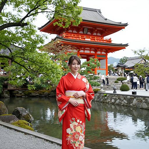 Photograph of a smiling Japanese woman in a vibrant red kimono with floral patterns, standing in front of a traditional red Torii gate by a serene