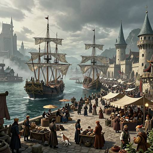 Fantasy medieval marketplace beside a cloudy harbor with two sailing ships, surrounded by castle towers and bustling vendors. Digital art.