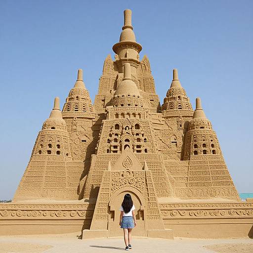 Photograph of a woman in blue shorts and white top standing in front of intricate, sand-colored, dome-shaped mosque against clear blue sky.