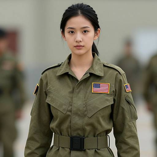Photograph of an Asian woman with black hair in a military uniform, featuring an American flag patch, standing in a blurred background of other soldiers.