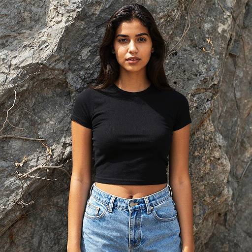 Photograph of a young woman with long black hair, medium brown skin, wearing a black ribbed crop top and blue denim jeans, standing against a
