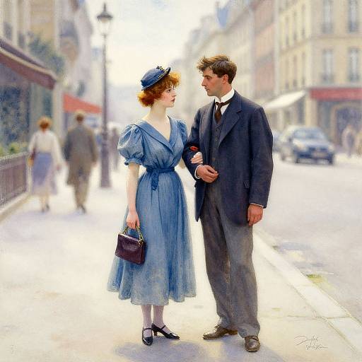 Vintage-style digital painting of a romantic street scene: a red-haired woman in a blue dress and hat, holding a purse, and a dark-haired man