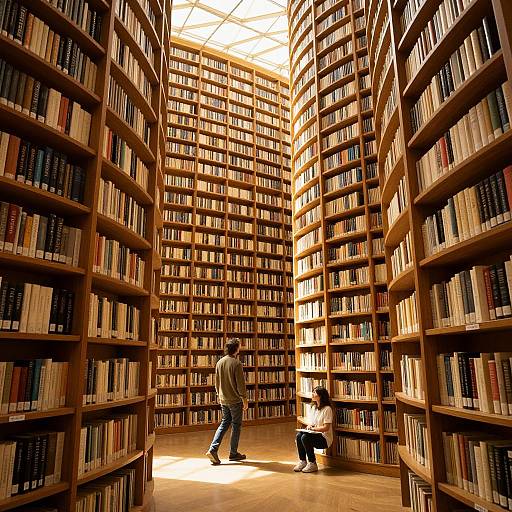 Photograph of a spacious, sunlit library with tall, curved wooden bookshelves filled with books, featuring a man and a child exploring.