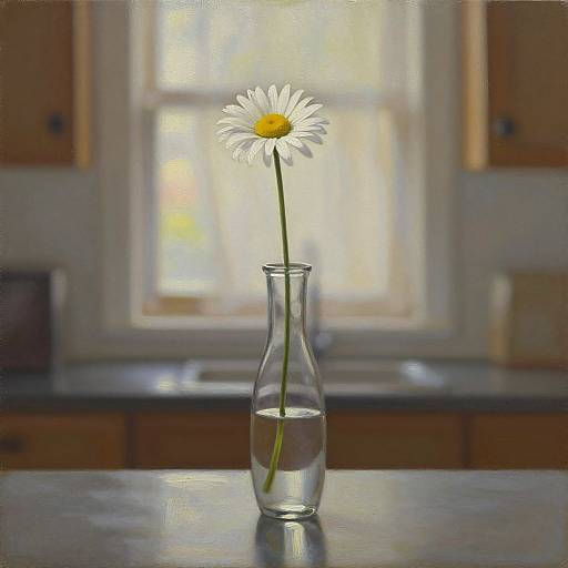 Photograph of a single white daisy with a yellow center in a clear glass vase, standing on a kitchen countertop by a sunlit window.