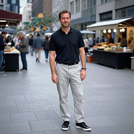 Photograph of a handsome man with short brown hair, black polo shirt, white pants, and black sneakers, standing in a busy outdoor market with blurred