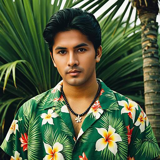 Man in Hawaiian Shirt with Flower Necklace