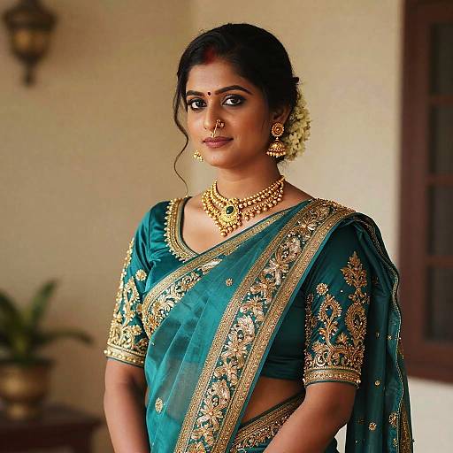 Photograph of an Indian woman in a teal saree with gold embroidery, wearing gold jewelry, including a necklace, earrings, and bindi, with