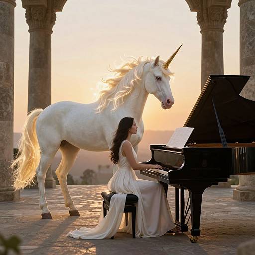 Photograph of a woman in a white dress playing piano, with a white unicorn standing beside her, under sunset arches.