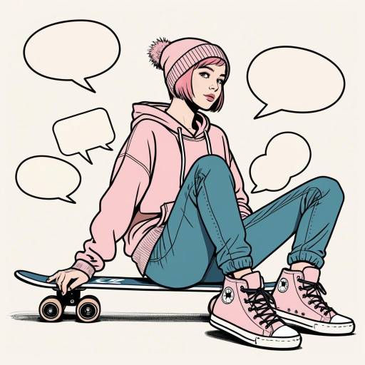 Urban Girl Sitting on Skateboard with Speech Bubbles