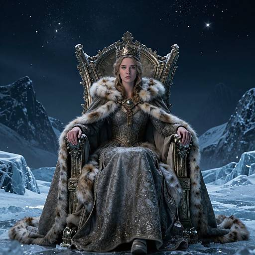 Photograph of a regal woman in an ornate, fur-trimmed gown and crown, sitting on an elaborate throne in a snowy, star