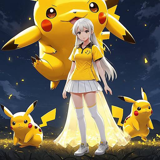 Digital anime-style artwork of a white-haired girl in a yellow shirt and white skirt, standing in front of a large Pikachu with two smaller Pichus