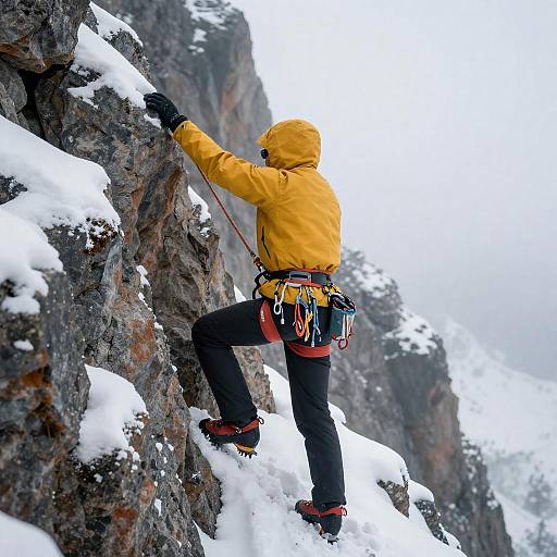 Climber Ascending Snowy Mountain Landscape