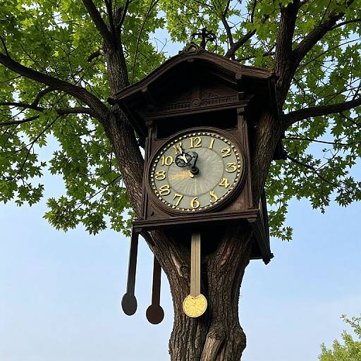 Vintage wooden clock mounted high in a large tree with green leaves, showing the time as 10:10, against a bright blue sky.