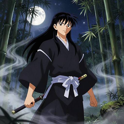 Anime Vampire Samurai in Moonlit Bamboo Forest