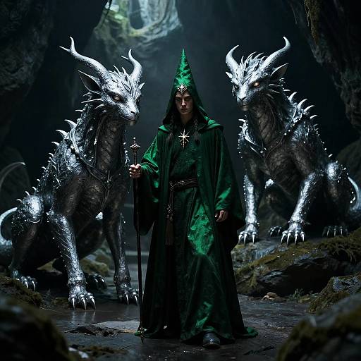 Digital artwork of a green-robed wizard with a pointed hat, holding a staff, flanked by two glowing, white, dragon-like creatures in a