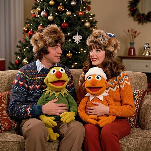 Photograph of a couple in 1970s-style fur hats, Christmas sweaters, and brown pants, sitting on a couch with Kermit and