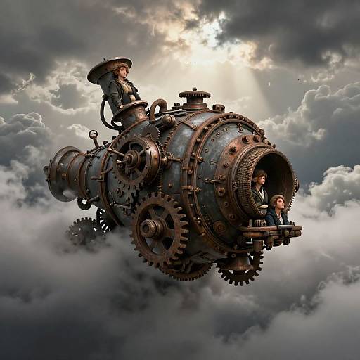 Steampunk airship with two men, one steering from the top and one from the front, floating amidst cloudy skies and sunlight.