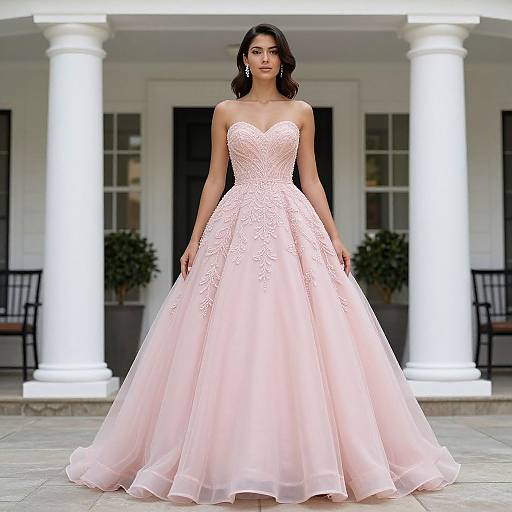 Photograph of a dark-haired woman in a strapless, pink, lace-embellished ball gown, standing in front of white columns and a