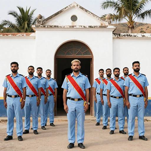 Men in Uniform by Weathered Building