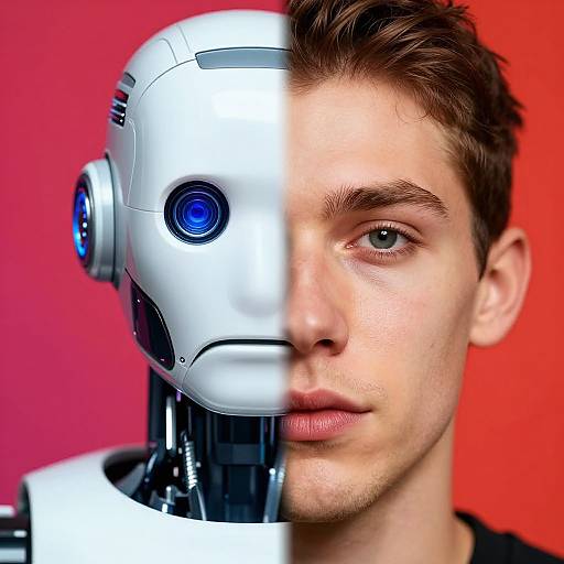 Photograph of a young man with half-human, half-robot face, silver robotic head with blue eye, against red background.