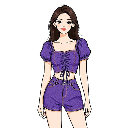 Digital anime-style drawing of a smiling young woman with long brown hair, wearing a purple crop top and matching high-waisted shorts.