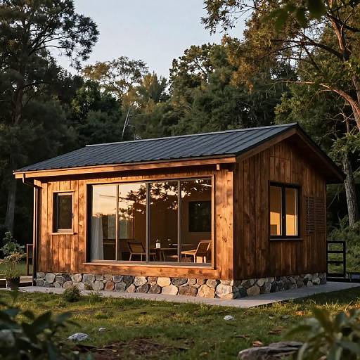 Photograph of a rustic wooden cabin with a stone foundation, large windows, and a metal roof, surrounded by trees, bathed in golden sunlight.